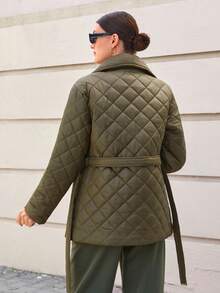 CLARA VERO Women Solid Color Padded Style Belted And Pocket Detailed Winter Coats - Khaki - View 2