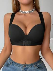 SHEIN 1pc Women's Front Closure Wire-Cup Bra, Lift & Enhance, Anti-Sagging, Posture Correcting, Smoothing, Sports Bra - Black - View 8