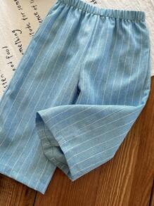 LMoss Kids LMoss Baby Girl Woven Solid Color Top And Loose Casual Long Pants Set - Blue - View 8