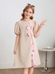 SHEIN Tween Girl Casual Home Loose A-Line Colorblock Patchwork Bow Decor Bubble Short Sleeve Dress - Baby Pink - View 4