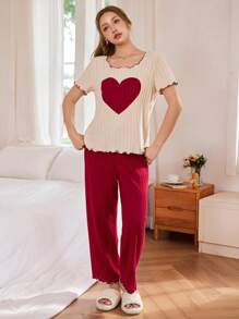 SHEIN 心形刺绣短袖和裤子休闲女士睡衣套装 - 彩色 - 查看 6