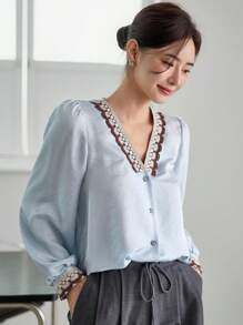 Dazy-Less Blusa holgada de negocios casuales con cuello en V de satén y gasa, con recortes y cintas, de manga larga, adecuada para primavera, verano y otoño - Azul - Ver 3
