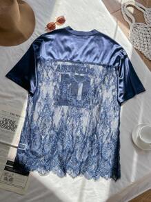 SHEIN EZwear Women Plus Size V-Neck Lace Patchwork Casual Loose Short Sleeve Blouse Plus Size Lace Dress Plus Size Lace Top