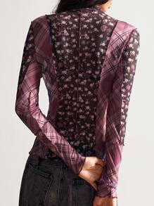 Bohemela 女式格子拼布和碎花长袖上衣 - 藏蓝色 - 查看 6