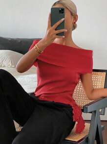 Livesso 女士纯色红色露肩系带优雅度假针织上衣 - 紅色 - 查看 1