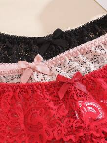 SHEIN 3pcs/Set Sexy Bowknot Lace Thongs - Multicolor - View 4