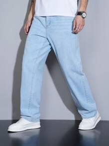 Manfinity Homme 大码男士经典百搭简约休闲第五代水洗牛仔直筒牛仔裤，四季皆宜 - 淺色水洗藍 - 查看 7