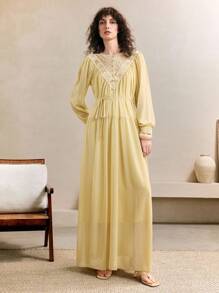 Aveloria Women's Chiffon Splicing Lace Round Neck Pleated Design Waist Warm Yellow Long Dress Elegant Romantic Date Autumn Women's Elegant Dress Women's Simple Dress Beach Outfits For Woman Vacation Outfits Woman Dresses For Women Elegant Country Concert Outfit Fall Cloth For Women - Olive Green - View 7