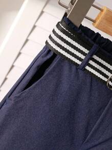 SHEIN Genkimix Kids Young Boys Classic Striped Long Sleeve Shirt And Shawl Collar, Navy Blue Suit Pants, Fashionable Gentleman Outfit, Suitable For Birthday Party, Formal Event, Wedding, Christening, Back To School Season Fall Winter