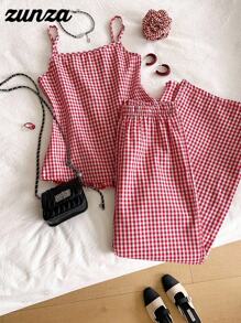 2 件套青少年女孩荷叶边格子吊带背心和阔腿裤套装，夏季新款优雅度假装 - 紅白色 - 查看 2