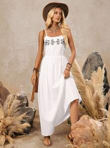 LanaWest Vestido de medio largo de lino y algodón con bordado en estilo occidental para mujeres - Blanco - Ver 6