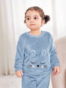 Babygirl Cute Cartoon Pattern Fluffy Long Sleeve Top And Elastic Waist Pants Set, Autumn/Winter Cute Sets Baby Girl Winter Clothes Baby Girls Sets Baby Girl Warm Sets 2 Pieces Winter Clothing Fall - Blue - View 5