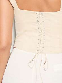 KIZN 斜纹系带紧身胸衣背心，带金属环，紧身胸衣，无袖时尚骨架紧身胸衣，适合节日夏季海滩派对俱乐部穿着街头服饰 - 杏色 - 查看 5