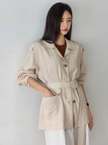 Dazy-Less 女士宽松商务休闲风衣外套，短款亚麻衬衫式开衫，配腰带，简约纯色，适合办公室穿着，秋冬季女装外套 - 卡其色 - 查看 7