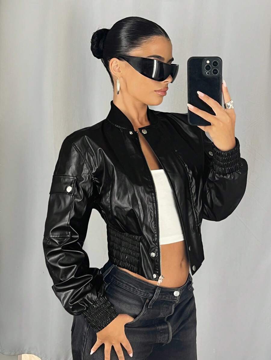 SHEIN ICON Áo khoác da PU tay dài có khóa kéo cổ đứng, dây rút tiện dụng cho nữ, quần áo thu đông dành cho nữ - màu đen - Xem 1