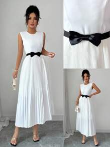 Elenzga 修腰法式优雅淑女连衣裙，复古奢华重褶白色和黑色蝴蝶结，鸡尾酒会通勤百搭 A 字连衣裙 - 白色 - 查看 1