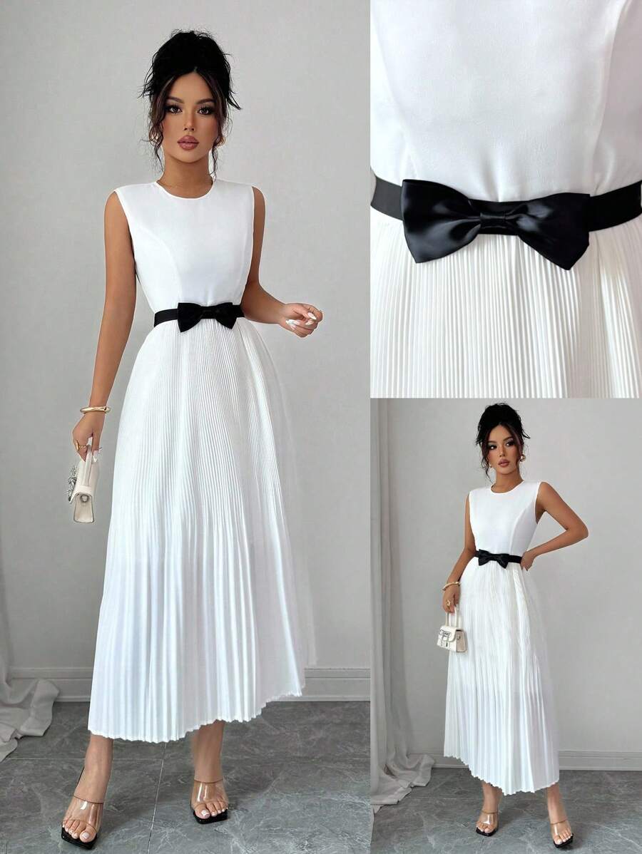 Elenzga 修腰法式优雅淑女连衣裙，复古奢华重褶白色和黑色蝴蝶结，鸡尾酒会通勤百搭 A 字连衣裙 - 白色 - 查看 1