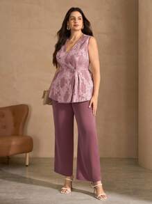 SHEIN Clasi Plus Size Women Summer Elegant Jacquard Vest & Long Pants 2 Pieces Set - Dusty Pink - View 7