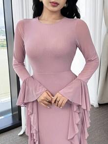 Feyla Vestido de mujer de color liso elegante con manga abullonada con volante - Rosa - Ver 5