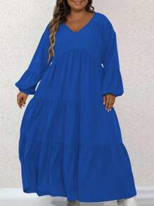 SHEIN LUNE Plus Size Solid Color Lantern Sleeve Brown Fall Dress, Spring Autumn Maxi Women Outfit - Blue - View 6