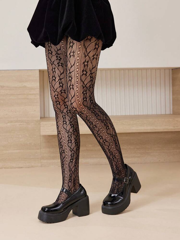 BLACK LACE JACQUARD HOLLOW OUT FISHNET TIGHTS