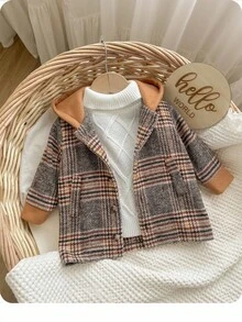 SHEIN Newborn Baby Girls' Cute Versatile Plaid Hooded Jacket, Autumn/Winter Baby Boy Fall Clothes Baby Boys Fall Clothes Baby Girl Fall Clothes Jackets Brown Vintage Baby Boy Clothes Baby Boy Spring Jacket - Grey - View 8