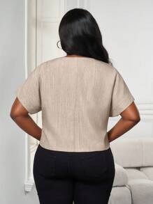 SHEIN PETITE CURVE Camisa sin mangas de unicolor con cuello en V, de moda para el verano, talla grande - Caqui - Ver 2