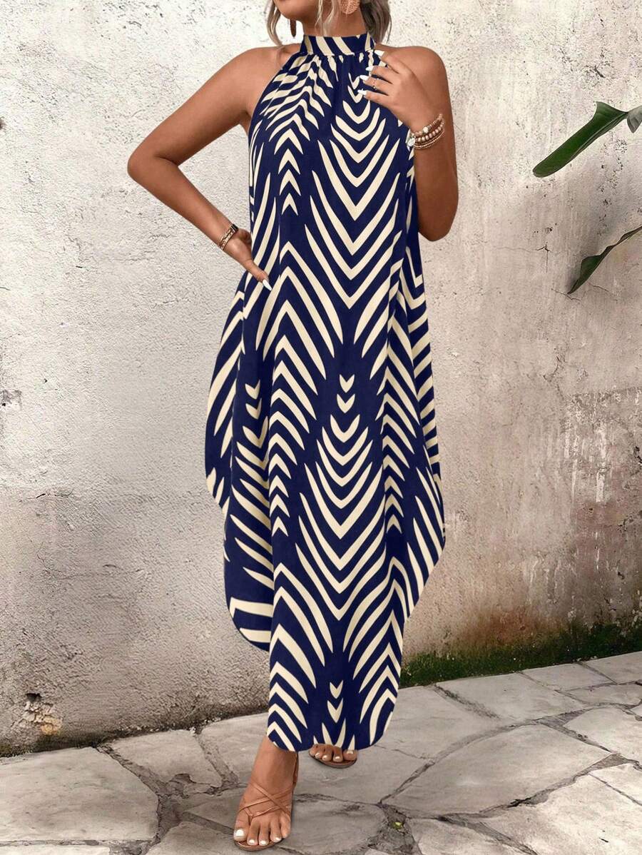 SHEIN LUNE Đầm dài hở lưng kẻ sọc rộng rãi cho nữ, phong cách nghỉ dưỡng - Màu xanh hải quân - Xem 1