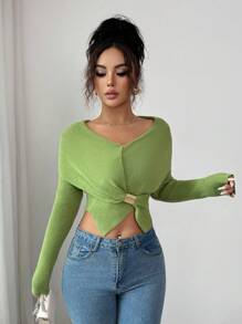 Elenzga 优雅法式性感简约金属扣小众设计修身不对称下摆女长袖针织上衣针织套头衫秋冬 - 橄欖綠 - 查看 5