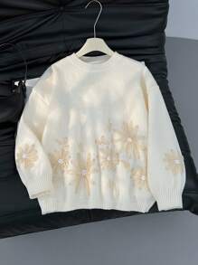 Firerie Plus Size Elegant French Embroidery Color Block Fancy Knitted Pullover Sweater Top For Women Fall/Winter - Beige - View 1