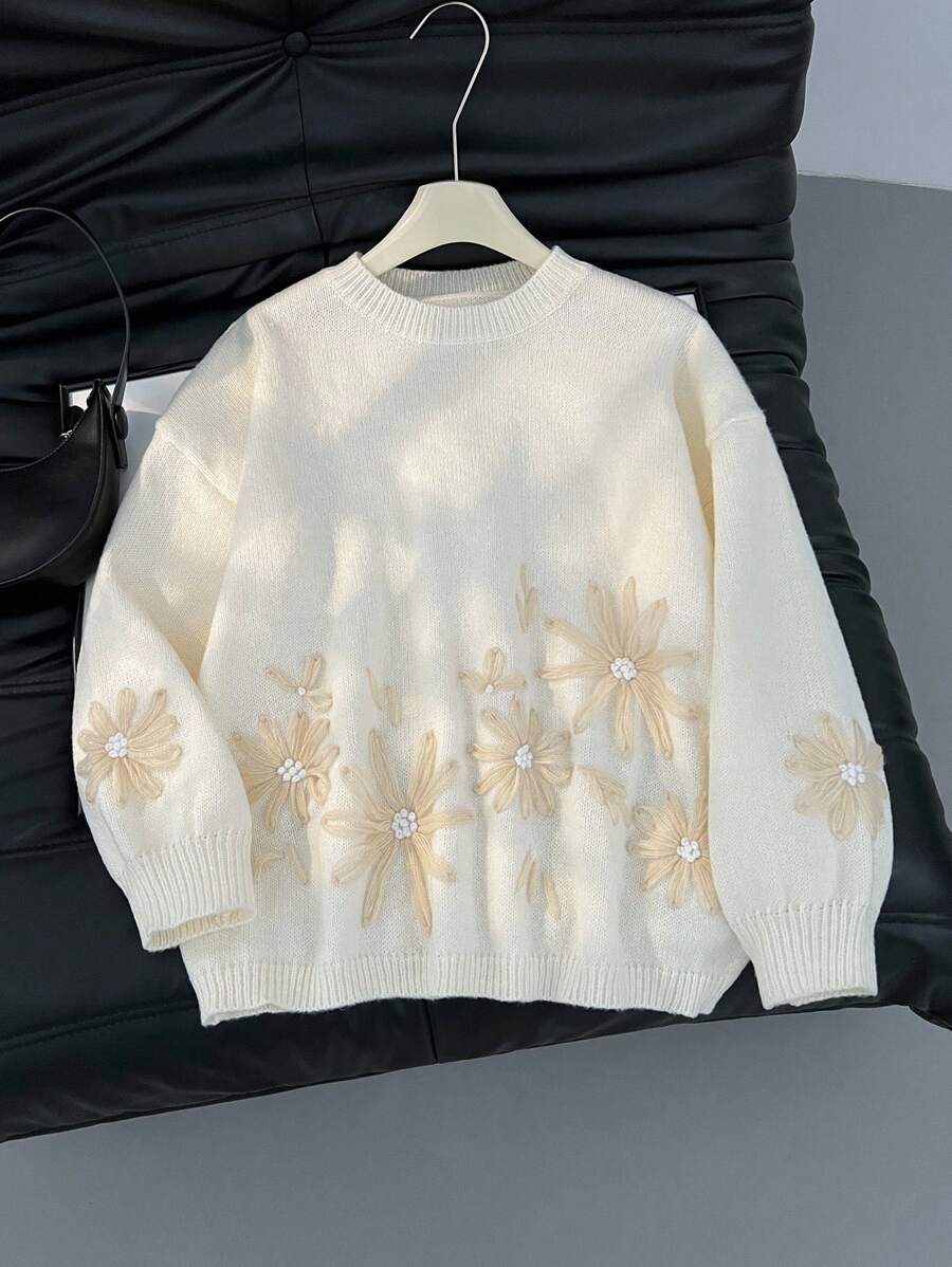Firerie Plus Size Elegant French Embroidery Color Block Fancy Knitted Pullover Sweater Top For Women Fall/Winter - Beige - View 1