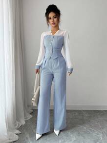 Elenzga Conjunto de 2 piezas con camisa de rayas y pantalones de una sola hilera elegante para dama