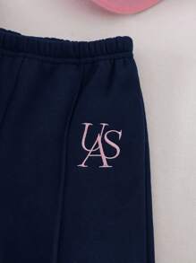 SHEIN 2 件套女婴图案保暖内衬保暖运动衫和裤子套装，适合秋冬季户外和室内穿着