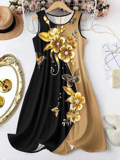 EMERY ROSE Vestido de tirantes con cuello redondo y estampado floral para mujer de talla grande