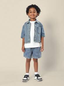 SUMWON 夏季棉质牛仔夹克短袖宽松校队字母印花队服休闲街头装领扣男童儿童青少年时尚 - 藍色 - 查看 4