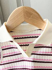 SHEIN 可爱夏季百搭女童针织条纹无袖Polo衫 - 彩色 - 查看 5