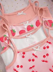 8 件套青少年女孩新款白色红色樱桃印花上衣、粉色红色草莓印花上衣、纯色短裤、1 套粉色上衣和草莓印花短裤、1 套白色上衣和整个草莓印花，均配有可调节肩带，衣服和短裤上有蝴蝶结装饰，柔软面料，返校时尚