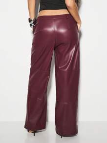 KIZN Weitgeschnittene Fake-Leder-Hose mit weitem Bein, Glockenform, retro Palazzo Stil, elegant für Herbst/Winter, klassisches Design mit hoher Taille, moderne Silhouette, Premium Club Party - Rot-violett - Übersicht 2