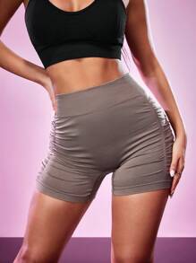 SHEIN Sports 女士户外瑜伽休闲纯色运动短裤 - 摩卡棕 - 查看 3