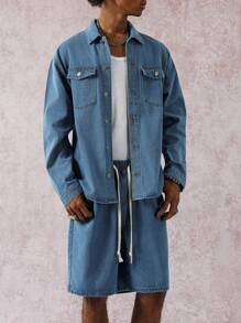 Manfinity EMRG Men's Casual Washed Denim Jacket And Shorts Set, Fall - Blue - View 3