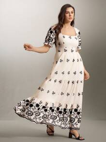 SHEIN LUNE Plus Size Women Floral Print Square Neck Maxi Elegant Dress, Spring/Summer - Apricot - View 3