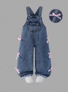 Young Girls Retro Mid-Blue Washed Denim Loose Straight Fit Overalls With Bow Decoration, Soft & Comfortable Casual Wear Toddler Girl Overalls Girl Denim Overalls Overalls With Bows Jeans With Pink Bows Bow Jeans