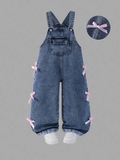 Young Girls Retro Mid-Blue Washed Denim Loose Straight Fit Overalls With Bow Decoration, Soft & Comfortable Casual Wear Toddler Girl Overalls Girl Denim Overalls Overalls With Bows Jeans With Pink Bows Bow Jeans Fall Winter