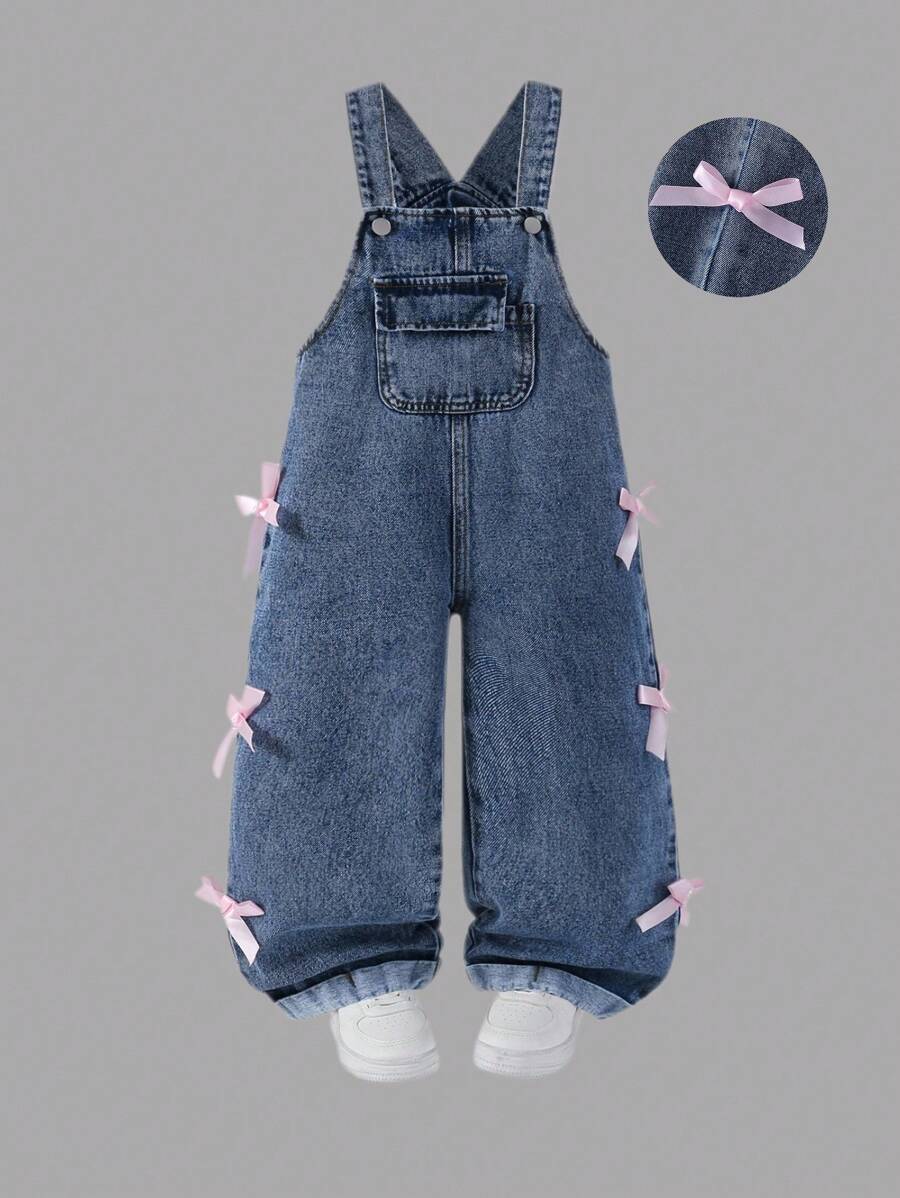 Young Girls Retro Mid-Blue Washed Denim Loose Straight Fit Overalls With Bow Decoration, Soft & Comfortable Casual Wear Toddler Girl Overalls Girl Denim Overalls Overalls With Bows Jeans With Pink Bows Bow Jeans