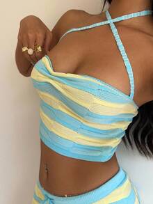 Aloruh Spring/Summer Vacation Halter Neck Tie-Up Ruched Contrast Color Stripe Backless Knit Top - Multicolor - View 5