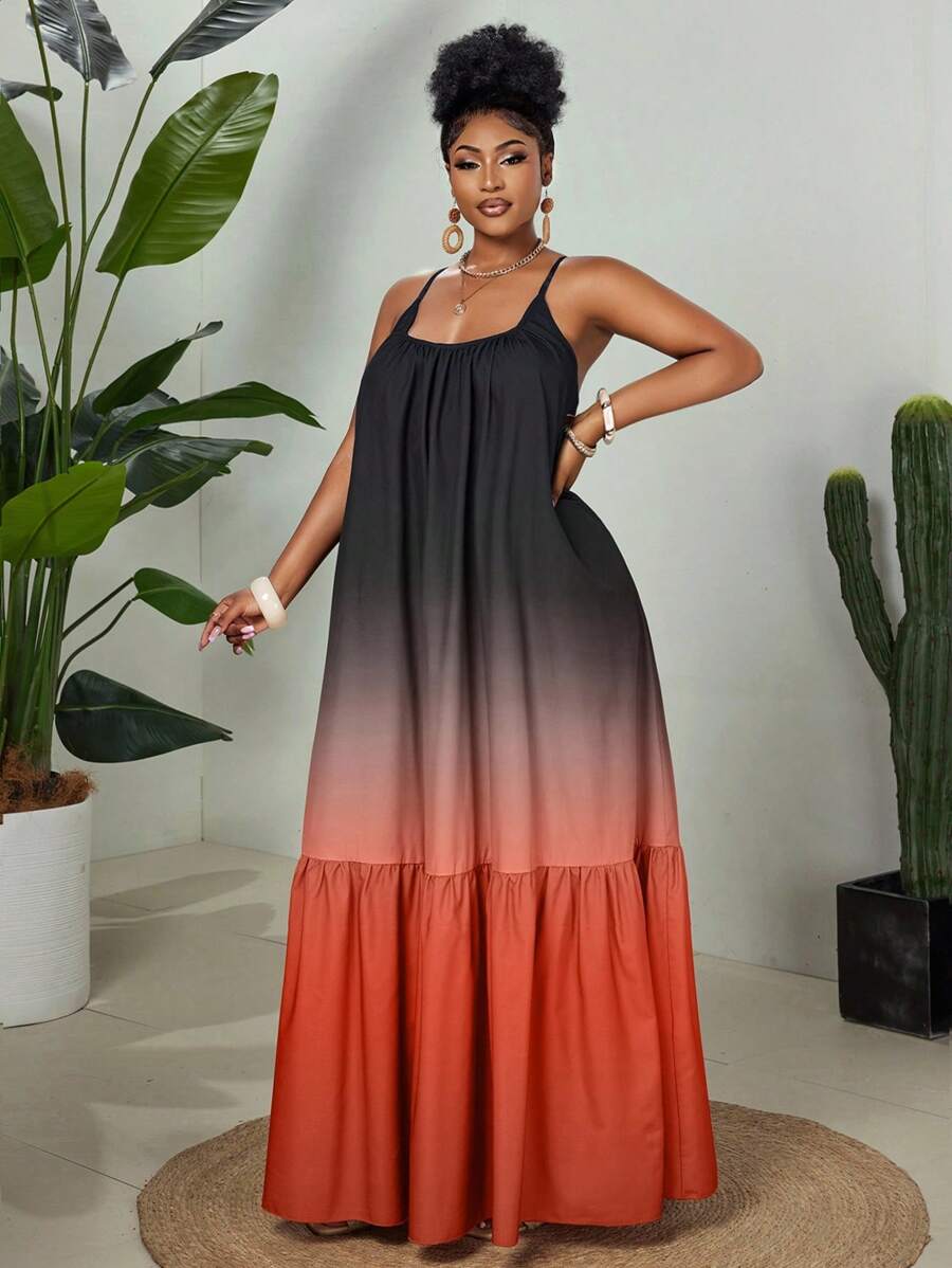 Maweii 2025年大码女式优雅日常休闲时尚撞色印花春夏梭织面料高级度假细肩带连衣裙 - 彩色 - 查看 1