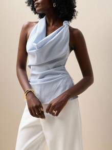 Zolique Sirith 夏季新款优雅时尚条纹印花露背性感女式上衣，斯德哥尔摩风格 - 淺藍色 - 查看 1