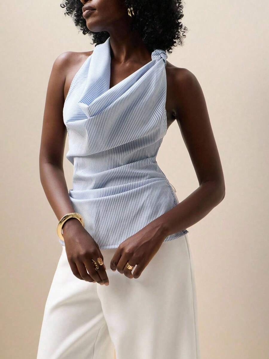 Zolique Sirith 夏季新款优雅时尚条纹印花露背性感女式上衣，斯德哥尔摩风格 - 淺藍色 - 查看 1