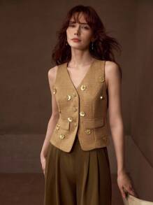 MOTF PREMIUM STEREO FLORAL SEQUINS BUTTON UP WAISTCOAT - Khaki - View 5