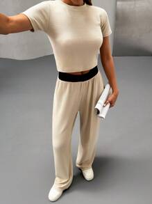 EURMUSE 女士纯色纹理针织面料两件套短袖短款 T 恤搭配撞色松紧带和阔腿休闲裤慢跑裤搭配撞色松紧带周末装 - 米色 - 查看 5